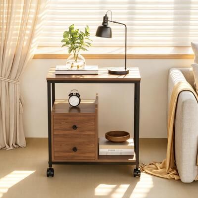 Kodotan sofa End Table with Wheels & Storage Drawers, Side Table, Nightstand, Stable Metal Frame, Wood Top, for Bedroom Kitchen Living
