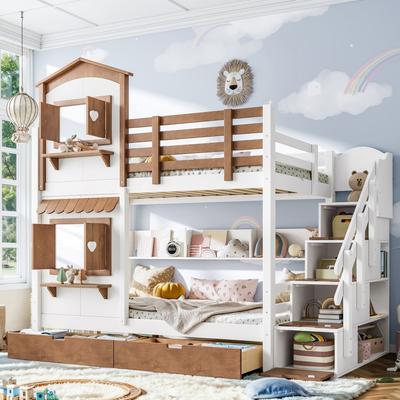toswini Twin House Bunk Bed Heart Window Storage Stairs Drawers