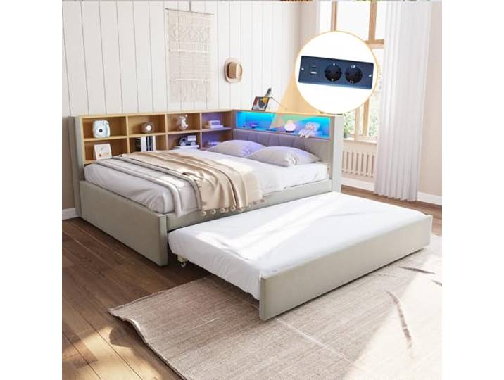 Ball & Cast Schlafsofa (140x200cm & 90 * 190cm) Tagesbett mit USB-Anschlüssen und Leuchten, Einzelbett mit Mehreren Ablagefächern, Ohne Matratze, Hellgrau