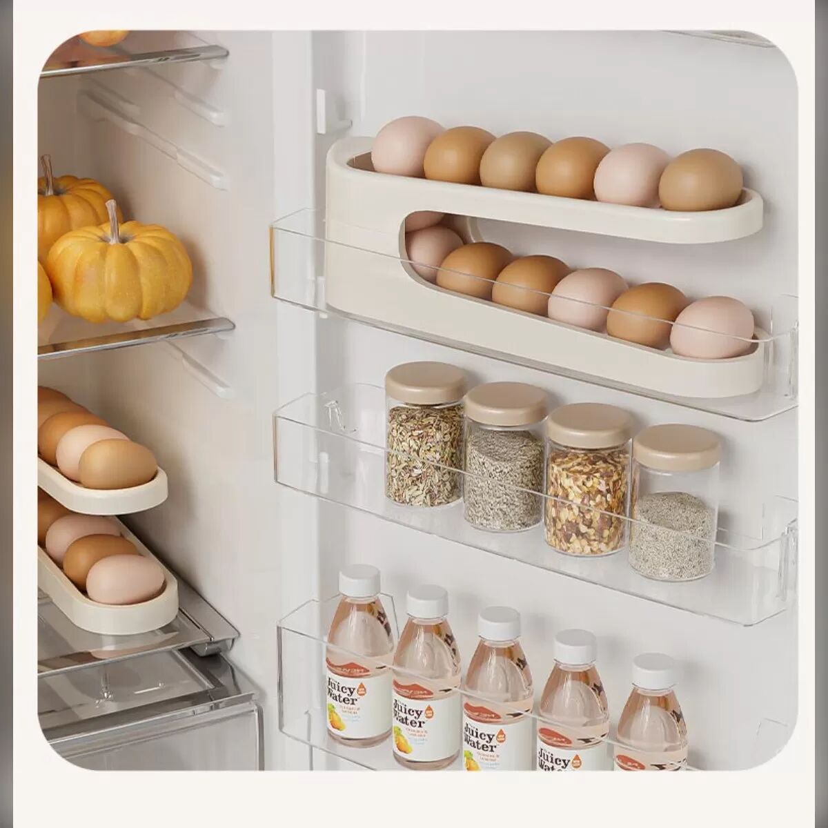 INF Schiebe Anti-Kollisions-Eierbox - Platzsparender Eier-Organizer für den Kühlschrank Beige
