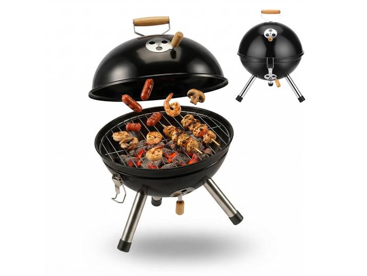 Relaxdays Kugelgrill Schwarz Stahl mit Deckel Ø 30 cm, Mehrfarbig, Metall, Holz, 41 cm, Grillen, Grills, Holzkohlegrill