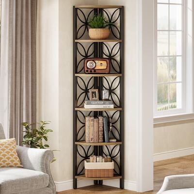 YUZHOU "6-Tier Corner Shelf, Industrial 70.9"" Rustic Corner Bookshelf Display Shelf"