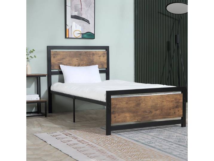 Cadre de lit simple 90x200 cm en bois et acier avec lattes style industriel