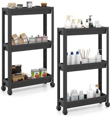Costway 3-Tier Slim Rolling Storage Cart 2-Pack Mobile Bathroom Organizer with Wheels-Black