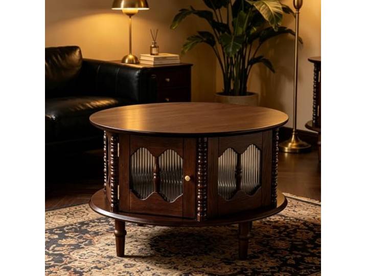 EBOYNSowAprr Französischer Vintage Couchtisch aus Massivholz Runder Aufbewahrungstisch im Mid-Century Modern Stil mit geschlossenem Schrank(Walnut,31.5x18.9 )