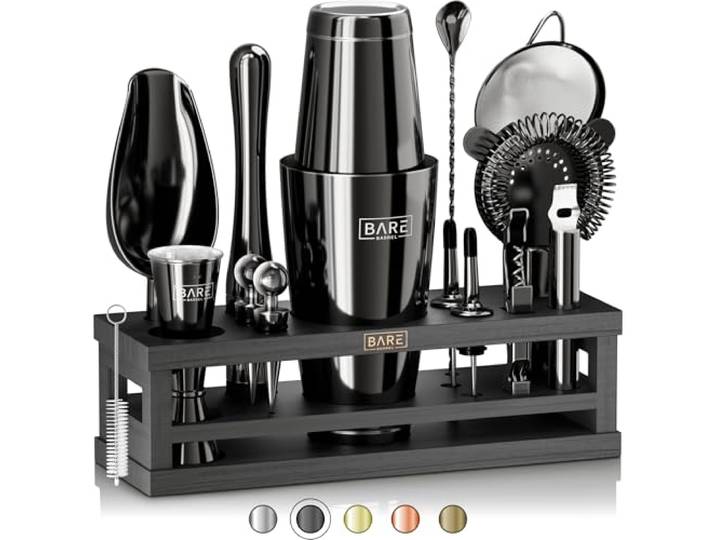 BARE BARREL® Mixology Barkeeper-Set Bar-Set 16-teiliges Cocktail-Shaker-Set Martini-Barware Mixwerkzeuge für zu Hause inkl. 35 Rezeptkarten Geschenkset (793.8 g Boston Shaker, Jet Black/Black)