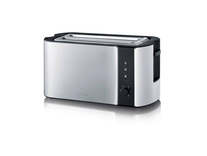 Severin Toaster, Schwarz, Edelstahlfarben, Metall, Kunststoff, 16.5x19x38 cm, Krümelschublade, Brötchenaufsatz, Auftaufunktion, Aufwärmfunktion, Schnellstoppfunktion, wärmeisoliertes Gehäuse, automatischer Auswurf nach Röstende, automatische Zentrierung der Toastscheibe, Kochgeschirr, Küchengeräte, Toaster
