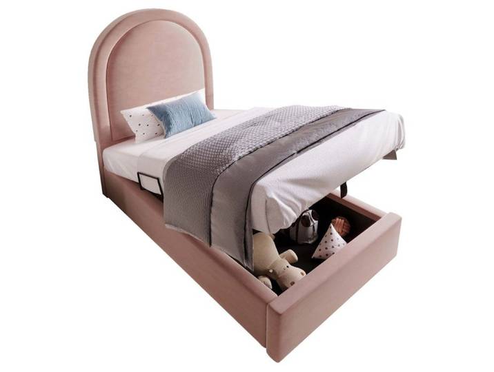 Lit enfant coffre rose 90×200 cm sommier à lattes hydraulique tête de lit arrondie montage nécessaire