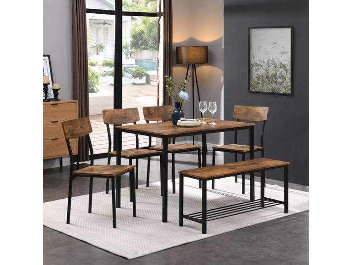 Table à manger Chaise et banc Set 6 bois cadre acier style industriel Cuisine Table à manger Set