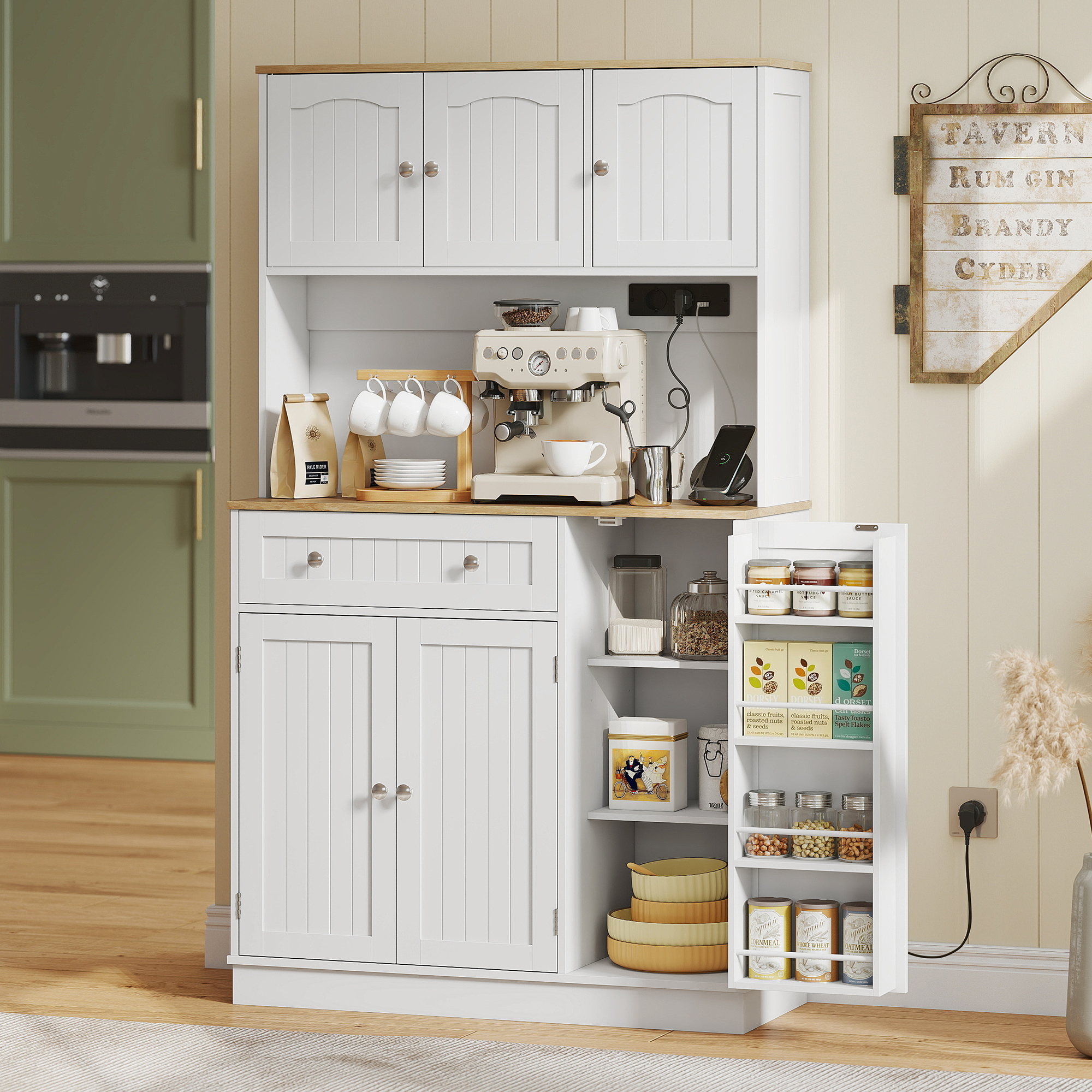Homcom Credenza da Cucina Alta 173 cm con Stazione di Ricarica, Piano per Microonde, Ripiani Regolabili, 4 Rastrelliere per Spezie, Bianco   Aosom Italy