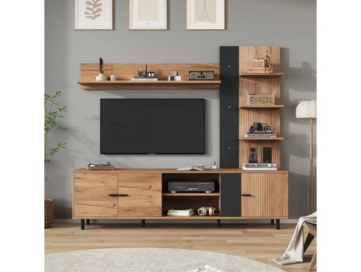 Ensemble Meuble TV Mural 187 5x40x167cm Bois&Noir Vitrine 3Placards Étagères Modulable Support TV Jusqu'à 80Pouces Multimédia Salon