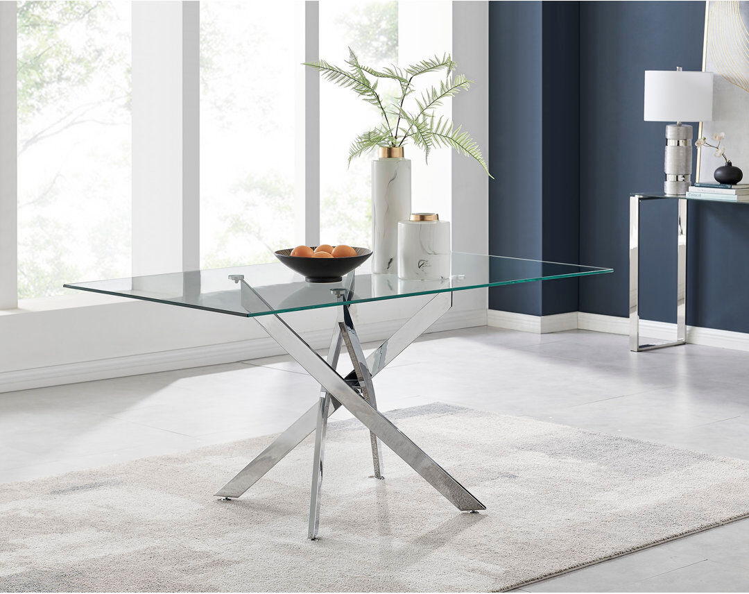 Canora Grey Lenworth Luxury Rectangular Dining Table in Glass and Chrome Metal - Modern Statement Design Silver 75H x 150W x 90D