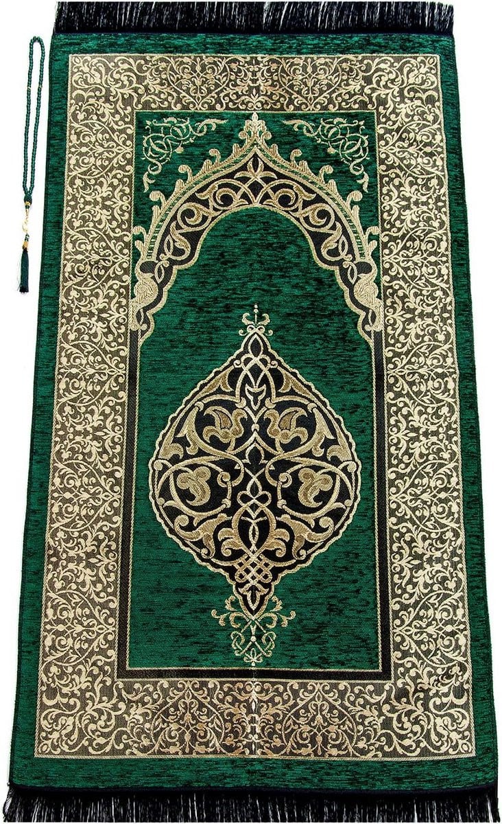 Zacht Moslim Gebedskleed (Janamaz/Sajadah) van Chenille met Gebedskralen