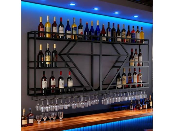 SPTZQURY Weinregal zur Wandmontage mit Wein Glashalter, 3 Lagiger Großes Industriell Schwebende Wandmontage Weinflaschenhalter, Bar Multifunktionaler Weinpareite Display Rack (Schwarz, 3 Tier,200cm)