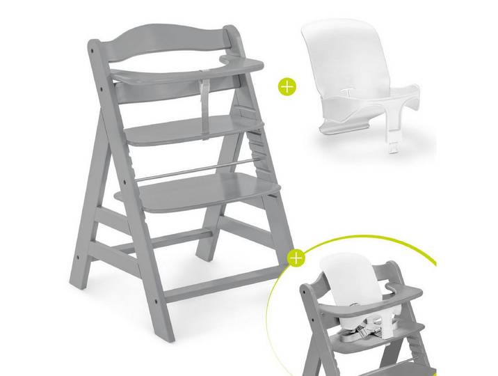 Hauck Hochstuhl Alpha Plus - Grey, Mitwachsender Holz Kinderhochstuhl verstellbar mit Baby-Sitz & Gurt