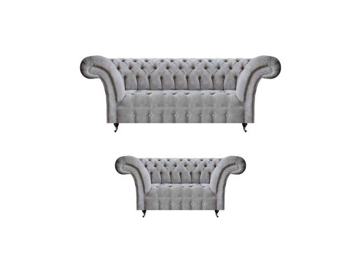 JVmoebel Chesterfield-Sofa Grau gepolstertes Chesterfield Sofa mit Holzfüßen und Knopfdetails, Set 2 Teile, Made in Europa