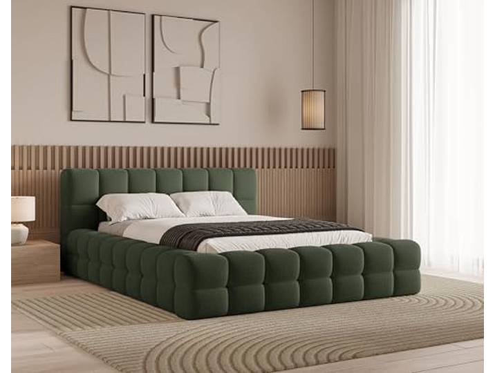 Chilly. Möbel Design Bett Verona - Polsterbett 200x200 mit Bettkasten, Lattenrost und Kopfteil - Eleganter Bouclé-Stoffbezug Grün
