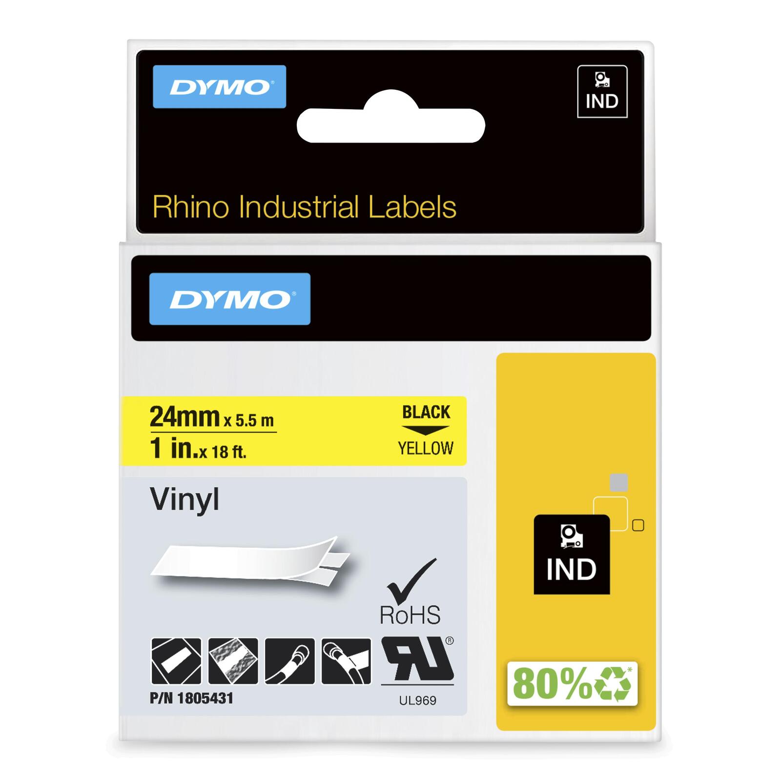 DYMO® Original IND-Schriftband für Rhino 6000+, farbiges Vinyl - schwarz auf gelb 1805431