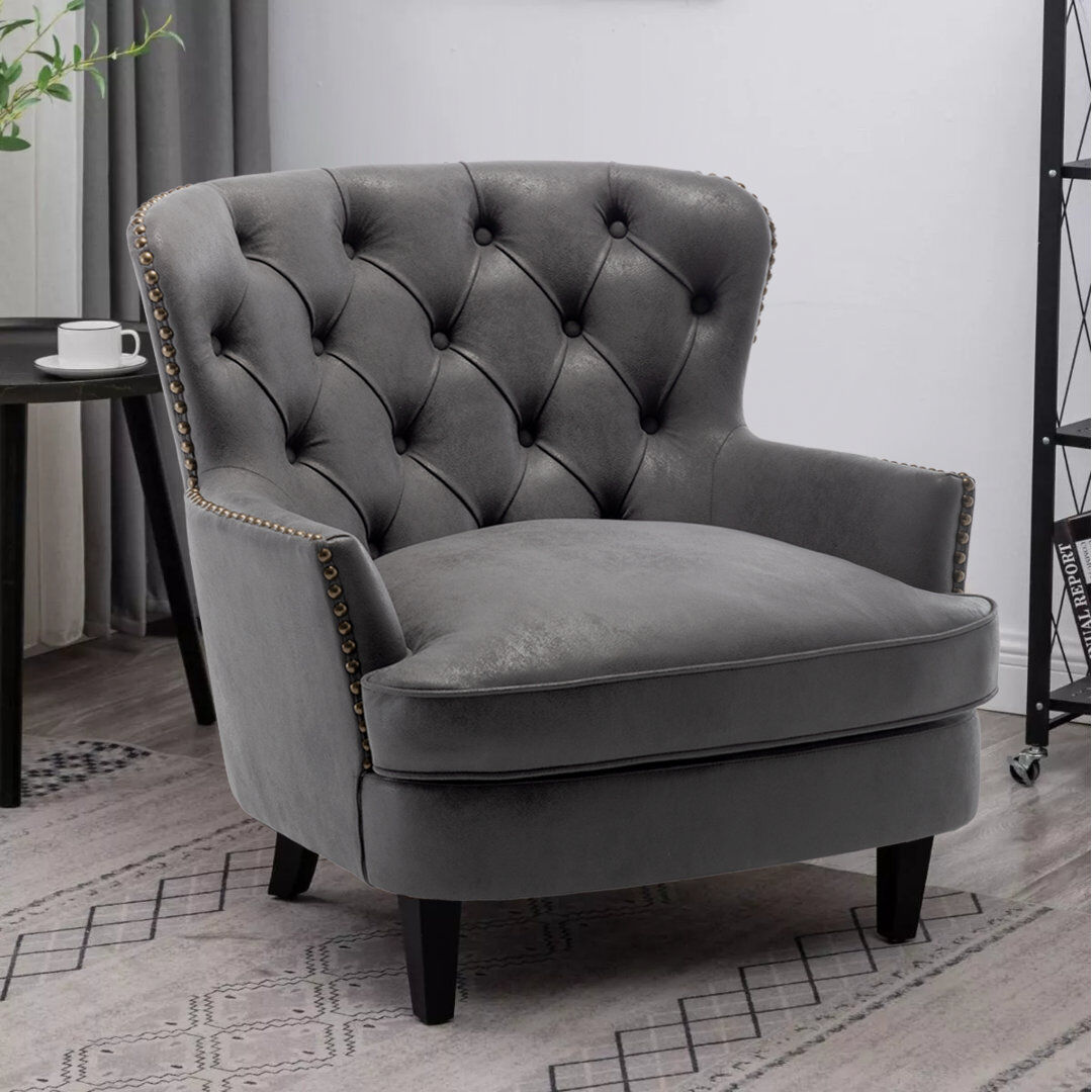 Rio Calum Faux Leather Buttoned Accent Wingback Chair Grey 86cm H X 88cm W X 91cm D
