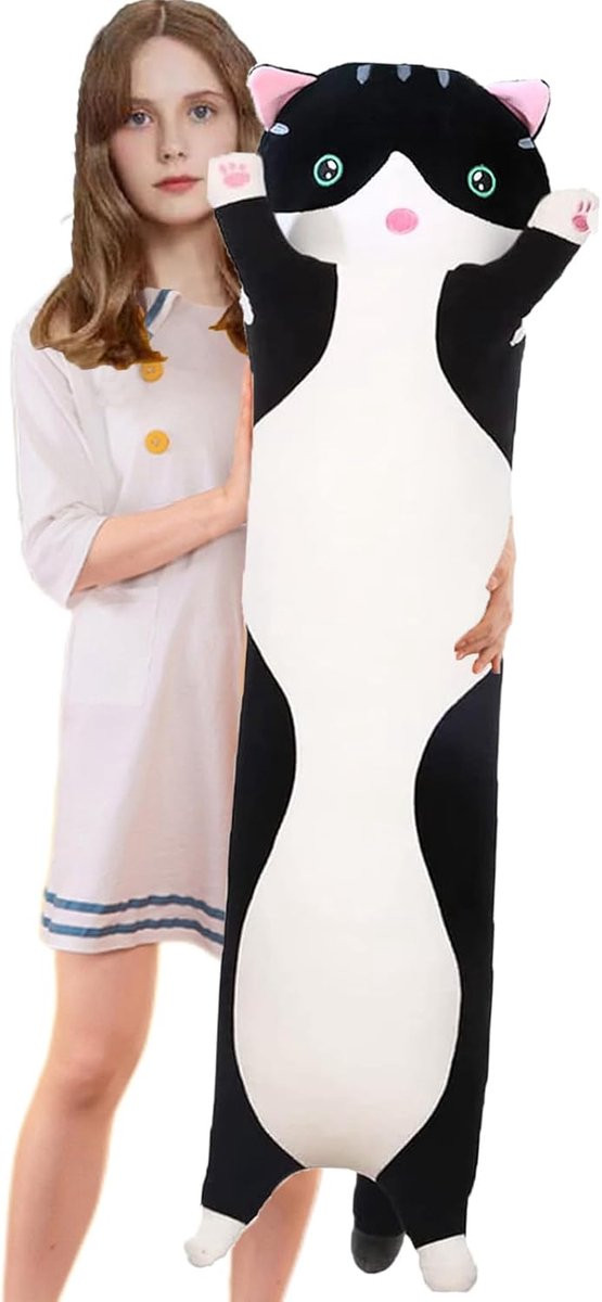 SnelShoppen Long Cat Plush Kussen - Zacht Kattenknuffel Kussen - Zwart - 70 cm