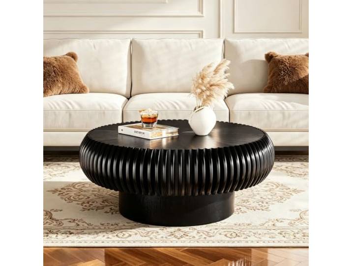 Handgefertigter, runder Couchtisch mit geriffelter Struktur Couchtisch im modernen Farmhouse-Stil, trommelförmiger Holztisch, einfache Montage, stabiler und robuster Standfuß
