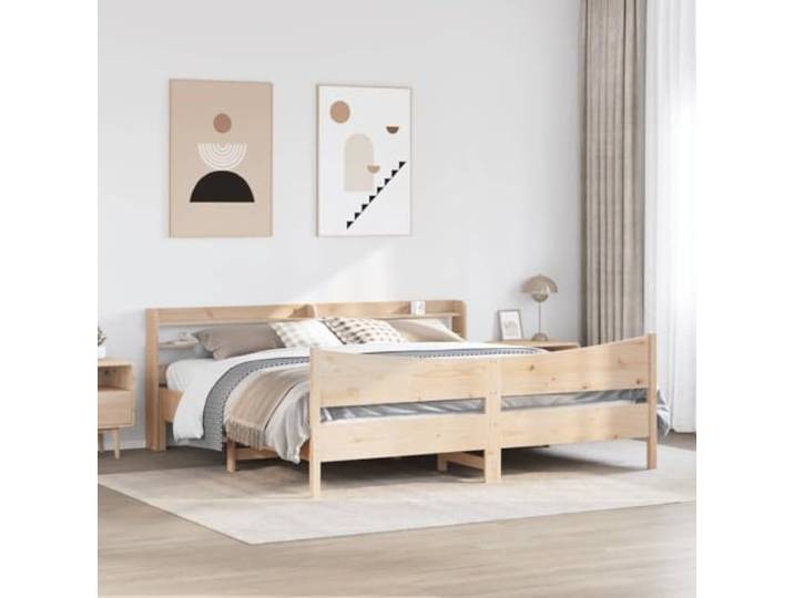 KTHLBRH Bettgestell mit Kopfteil 180 x 200 cm massiv Kiefer Inklusive Lattenrost, 3 Einlegeböden, selbsttragendes Kopfteil aus unbehandeltem Holz