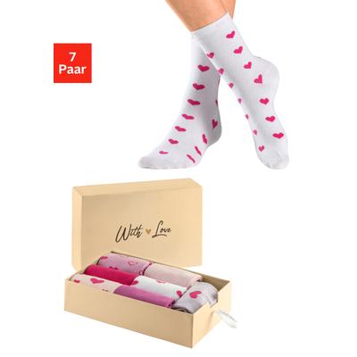 Basicsocken LASCANA "Valentine Damensocken Motivsocken Herzen", Damen, Gr. 39-42, bunt (4x gemustert, 3x uni), Baumwollmischung, uni und gemustert, elastisch, Socken, in Geschenkbox für den Valentinstag