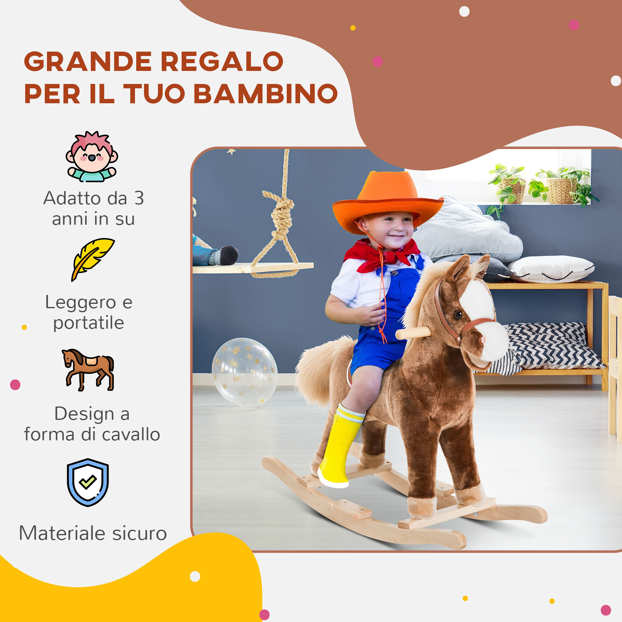 Altro Cavallo A Dondolo In Legno Giocattolo Cavalcabile Bambini Peluche 74 × 33 × 62cm