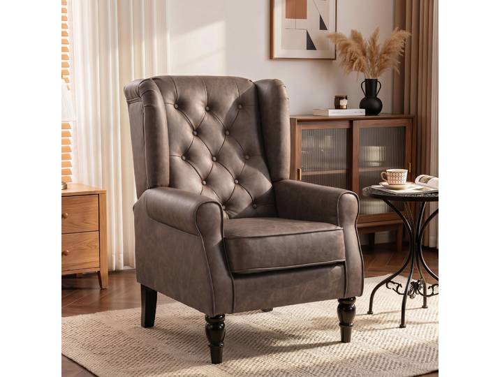 HOMCOM Fauteuil Cuir PU Large Accoudoirs Bois Marron Chambre