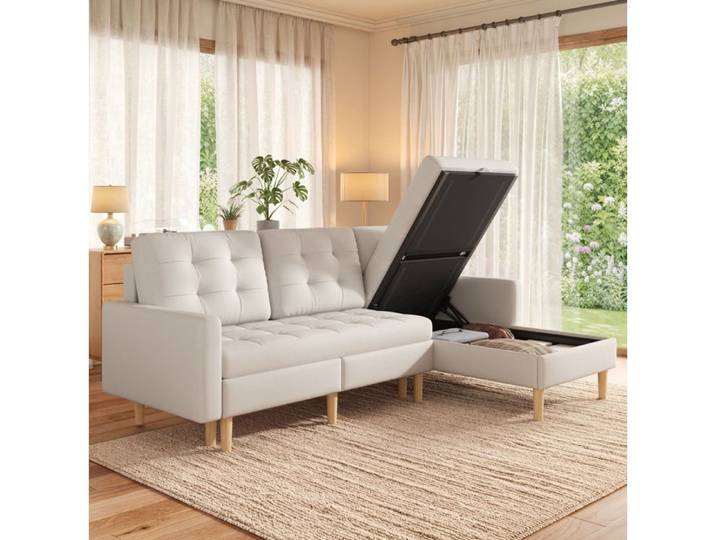 Canape d angle 212x130x86 cm EVRYAE - avec rangement double chaiselongue reversible et montage facile - Beige
