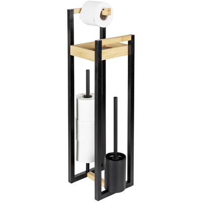 WC-Garnitur WENKO "Braidi", schwarz (braun), B:26cm H:75,5cm L:20cm, Bambus, Reinigungsbürsten, 4in1, Toilettenbürste, Rollen-/Ersatzrollenhalter, Ablage, freistehend