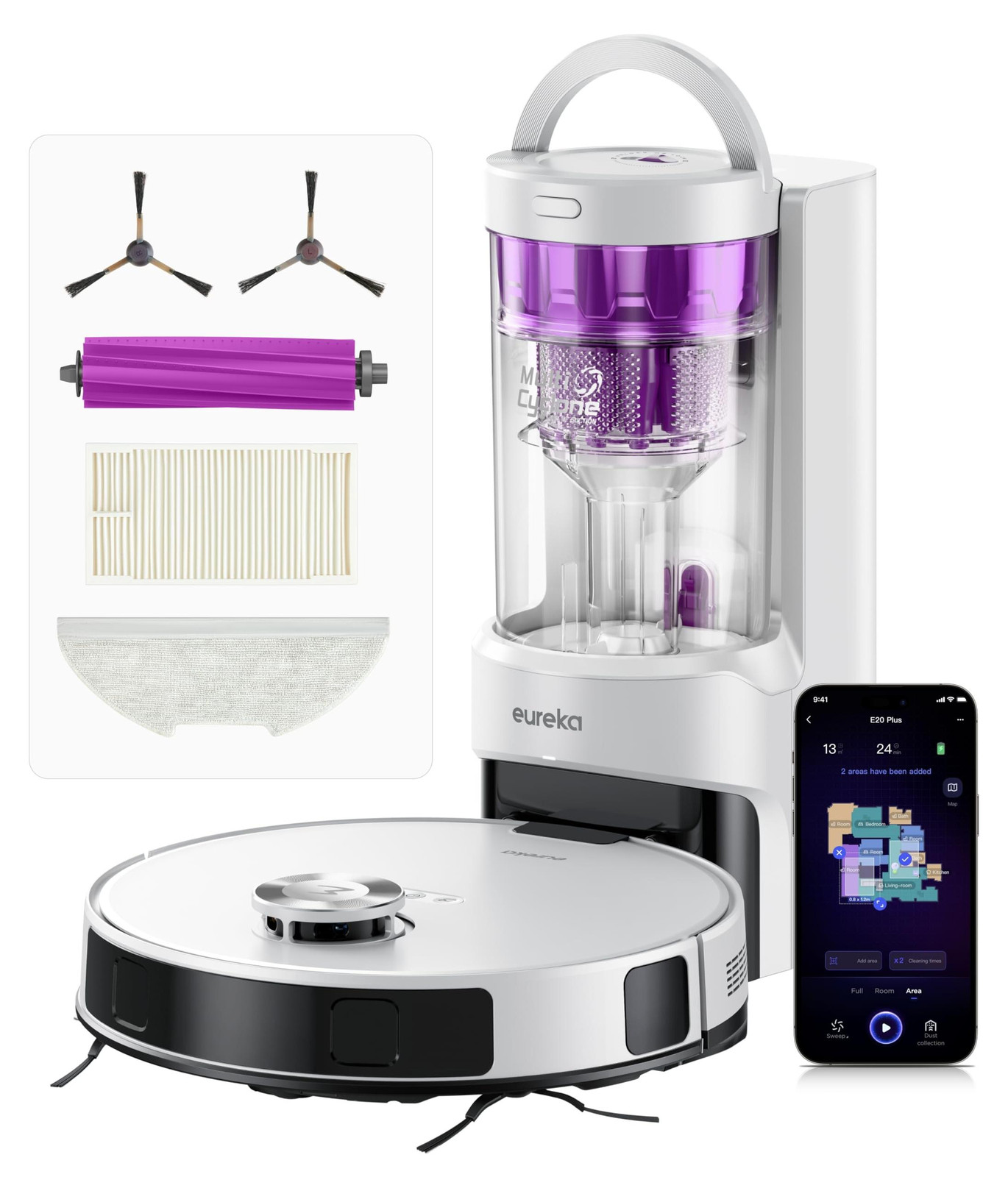 Eureka E20 Plus draadloze stofzuiger zonder zak, wit, 65 dB
