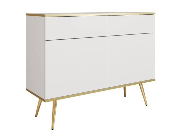 Lomadox Wohnzimmer Kommode 107 cm breit in Weiß, 2 Schubladen & goldfarbenen Füßen -