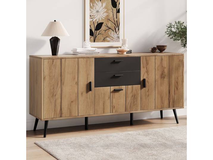 Buffet bas - ZEVKOR - Buffet bas 3 portes 140×35×67 cm - 3 portes - 2 tiroirs - MDF noir & décor bois