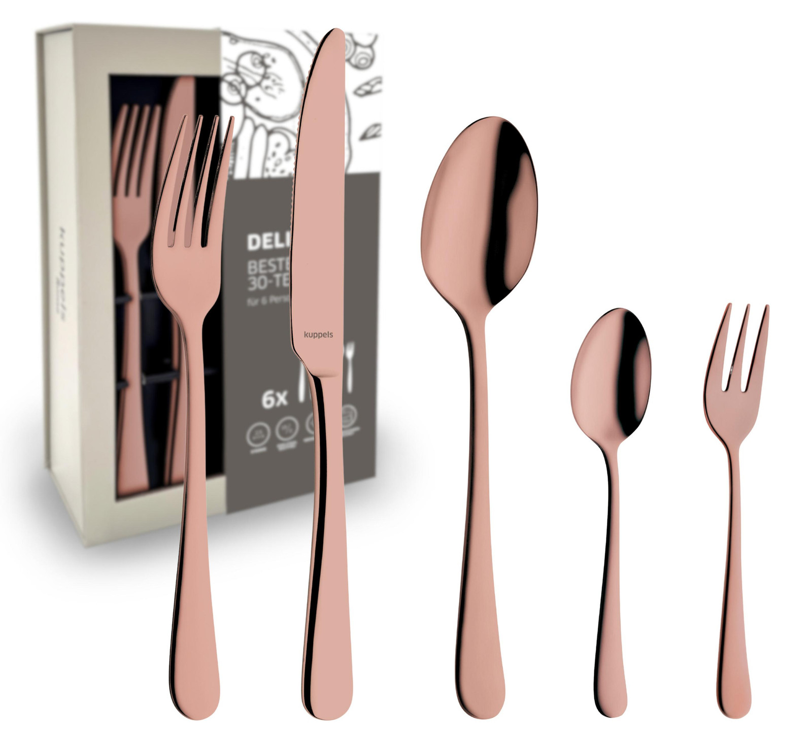Kuppels DELIA bestekset, 30-delig, PVD rosékleur