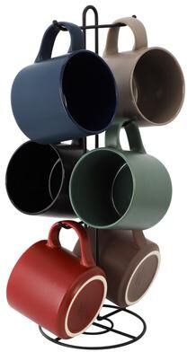 Gibson 7 Piece 16oz Stoneware Mug Set with Metal Rack in Multi-Color