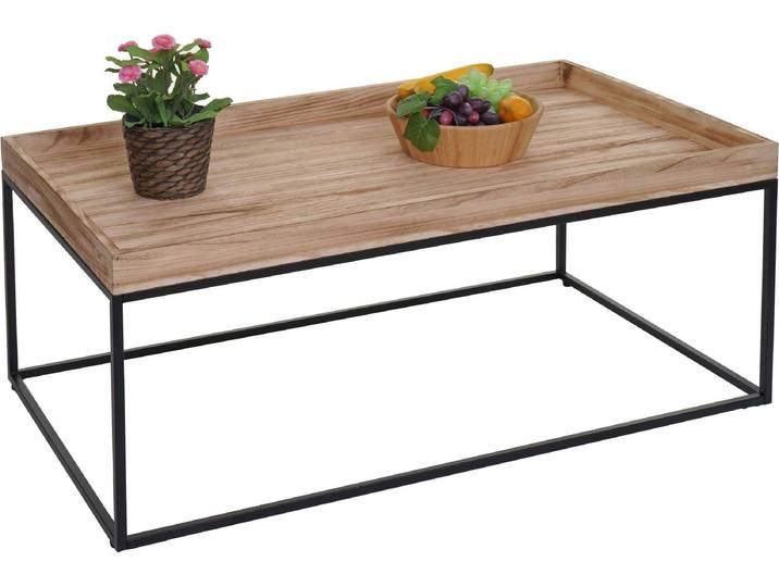 Table basse HWC-K71\, table basse table d'appoint\, bois massif métal 46x110x60cm ~ naturel