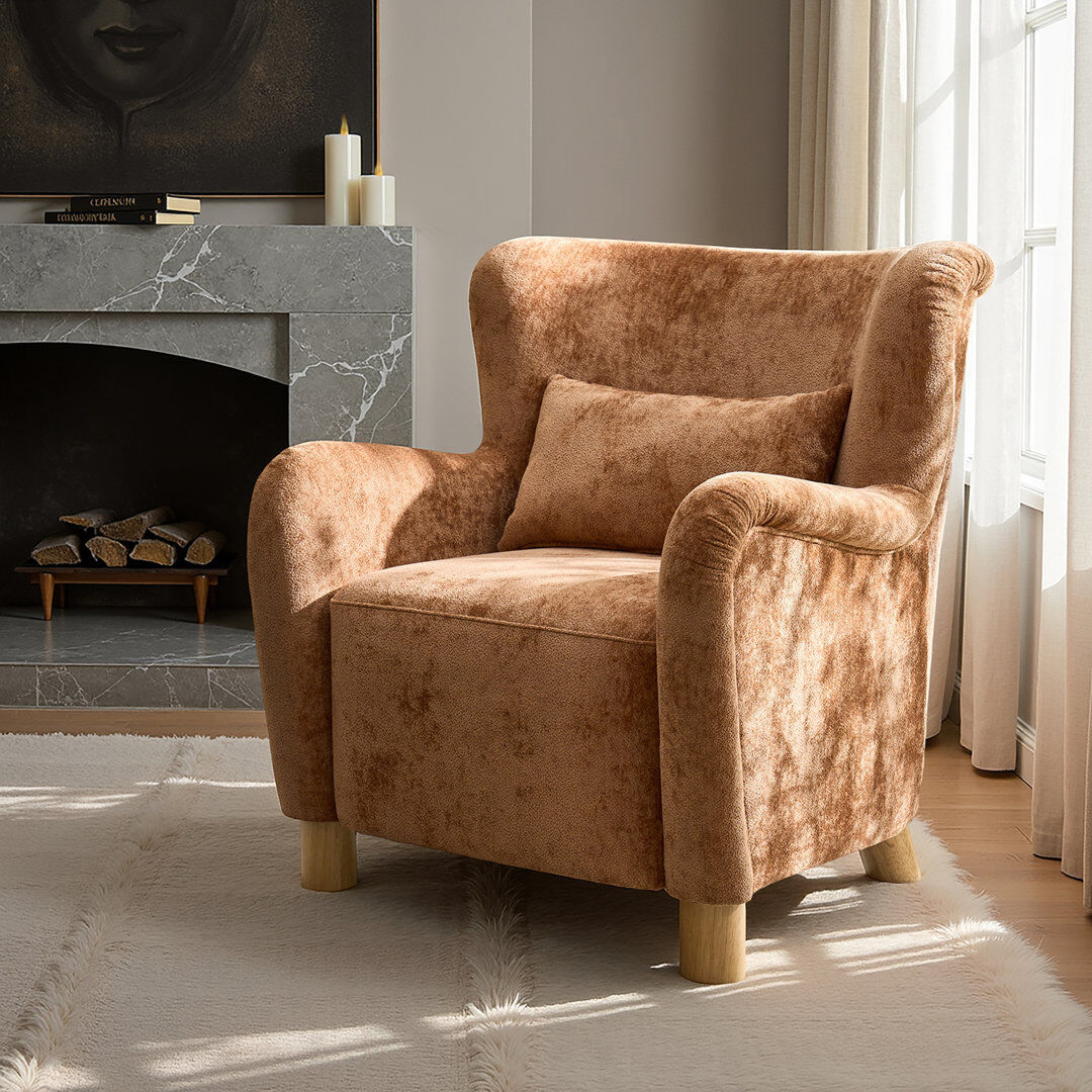 ClassicLiving Walbert Modern Boucle Wingback Accent Chair With Pillow And Solid Wood Legs Brown 90.81cm H X 85.73cm W X 89.41cm D
