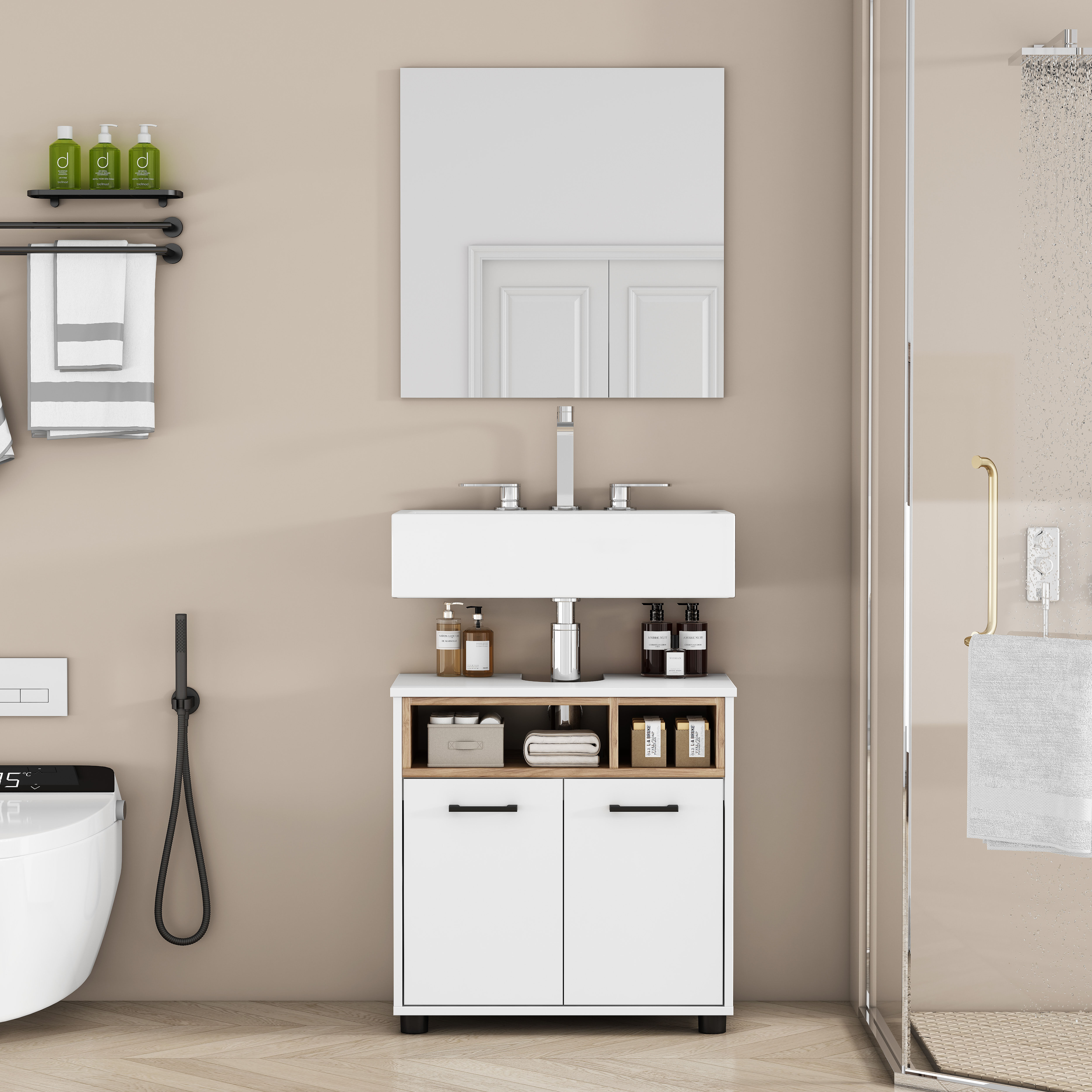Waschbeckenunterschrank GOODPRODUCT "Picante", weiss (weiß, eiche), B:60cm H:60,5cm T:33cm, MDF, Schränke, Waschbeckenunterschrank, In 60 und 80cm erhältlich, 2 Türen und offene Ablage, zum Stellen weiß, eiche Weiss, B/H/T: 60cm x 60,5cm x 33cm, Türen: 2 