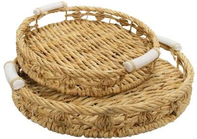 VNT Signature "Set of 2 Twisted Water Hyacinth Round Trays with Ceramic Handles - 20.08""L x 20.08""W x 3.54""H"
