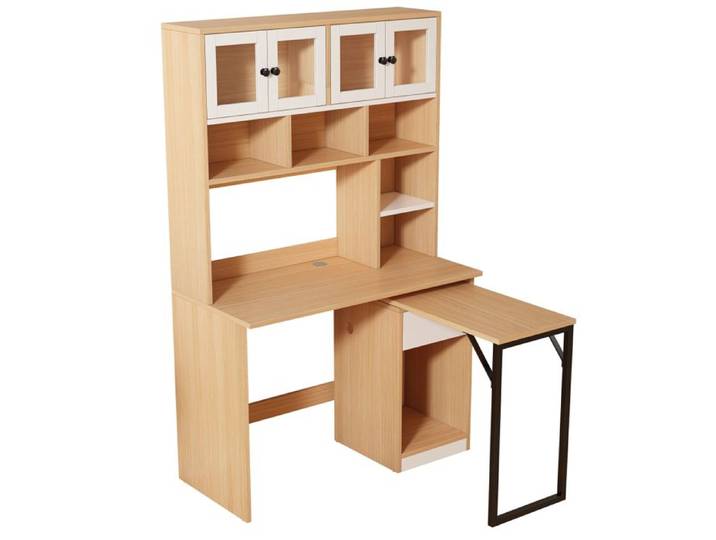 Bureau pivotant avec armoire haute 180 cm meuble informatique avec passe-câbles portes acryliques rangement polyvalent