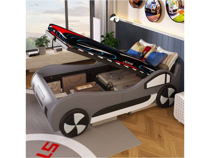 VUENOR lit voiture enfant 90x200 cm gris – rangement hydraulique sans matelas