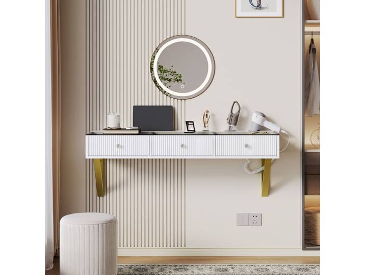 Coiffeuse murale - ZEVKOR - 120×40×45 cm - 3 tiroirs - Plateau en verre - Blanc