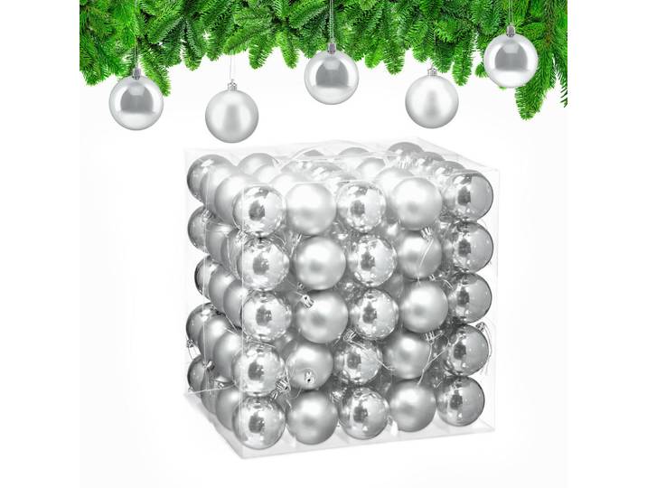 Relaxdays Christbaumkugeln Silber 100er-Set, Silberfarben, Kunststoff, 6x7x6 cm, Dekoration, Weihnachtsdekoration, Christbaumschmuck