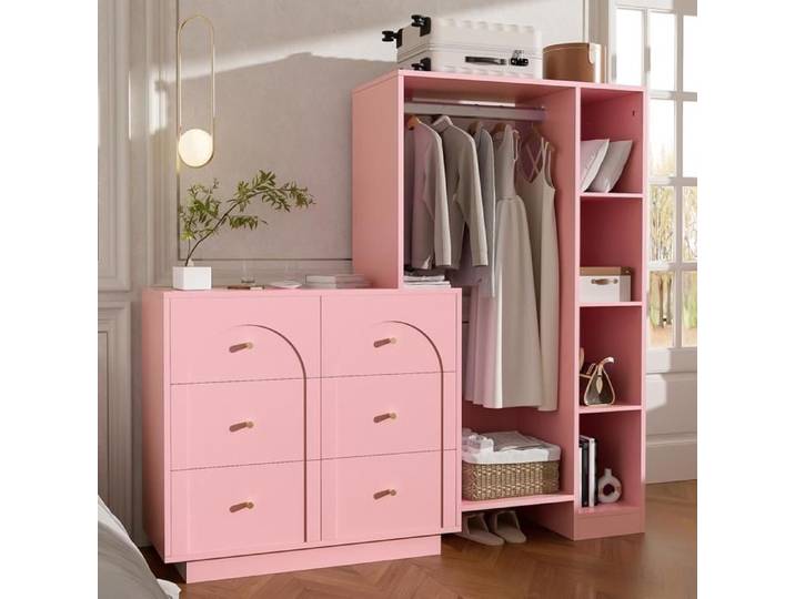 Commode Chambre avec Tringle à Vêtements 6 Tiroirs et étagères Latérales Armoire pour Chambre Armoire Polyvalente Moderne Rose