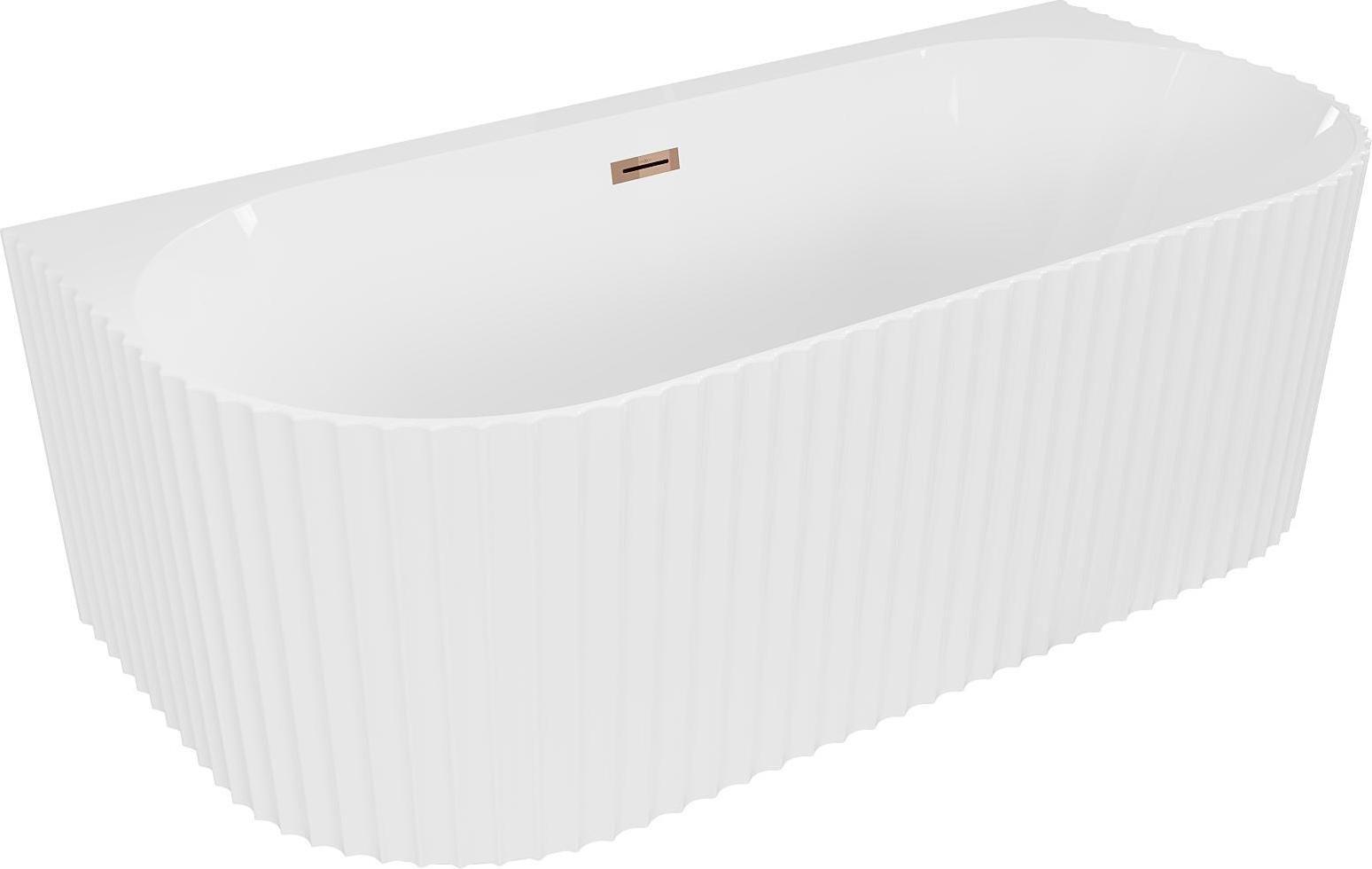 Mexen Sella freistehende, wandnahe geriffelte Badewanne 150 x 75 cm, weiß glänzend, Überlauf Roségold - 52711507500-60