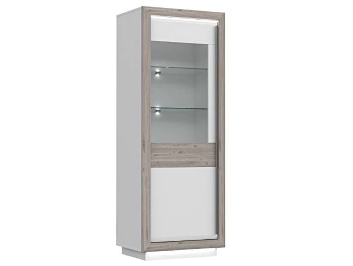 Newroom Vitrine Weiß Hochglanz Eiche beleuchtet Glasvitrine Wohnzimmer LED Beleuchtung, Glasböden, verglaste Tür, Vitrinenschrank stehend, Wohnzimmerschrank, für modernes Esszimmer