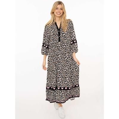 Maxikleid ZWILLINGSHERZ "Classic Leo", Damen, Gr. L/XL, N-Gr, bunt (schwarz), Web, Obermaterial: 100% Viskose, gemustert, mehrfarbig, knöchelfrei, V-Ausschnitt, ohne Bündchen mit Gummizug, Kleider Maxikleid, Leomuster, Knopfleiste und 3/4 Arm