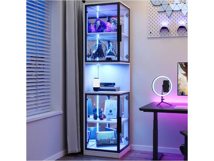 Vitrine LED 205 cm blanche avec portes vitrées fond miroir et niche ouverte centrale