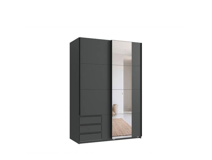 SCHWEBETÜRENSCHRANK 2-türig B135/H198/T65 cm, Kleiderschrank in Grafit mit sichtbaren Schubkästen & Spiegel / 22679